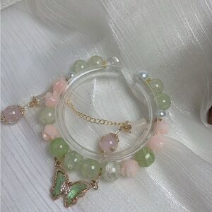 Elegant Butterfly Charm Bracelet in Green and Pink